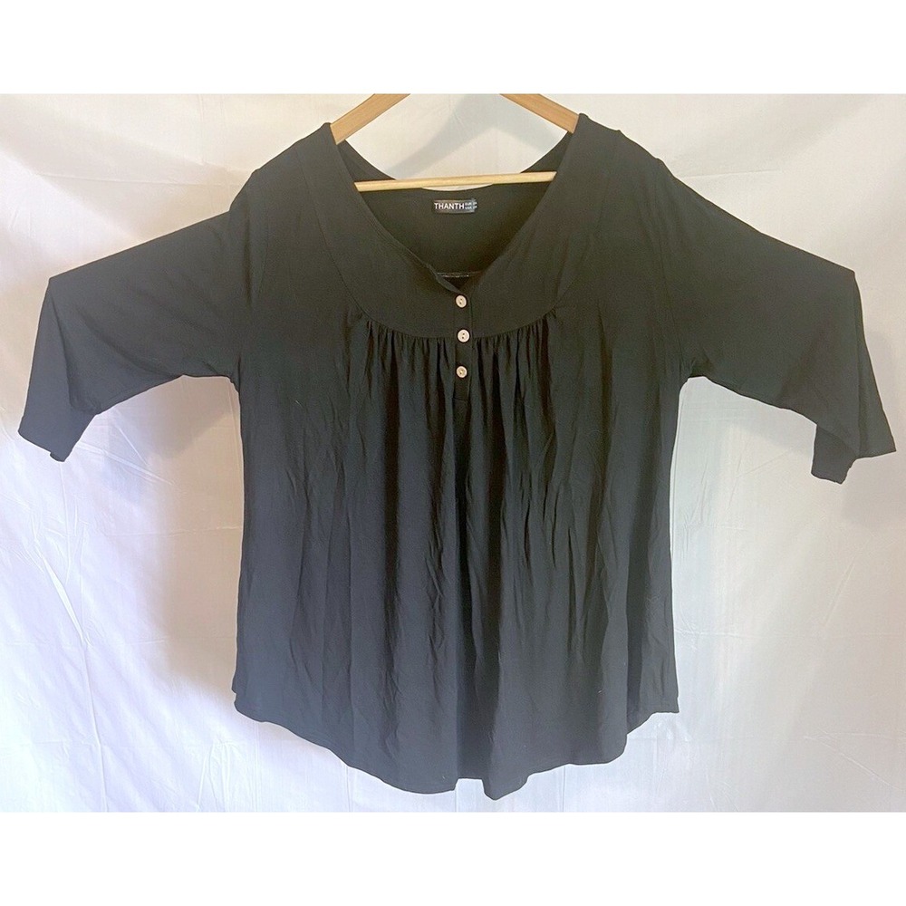 Thanth Womens Black Henley Pleated Tunic Top 3/4 Sleeve Plus Size 2XL